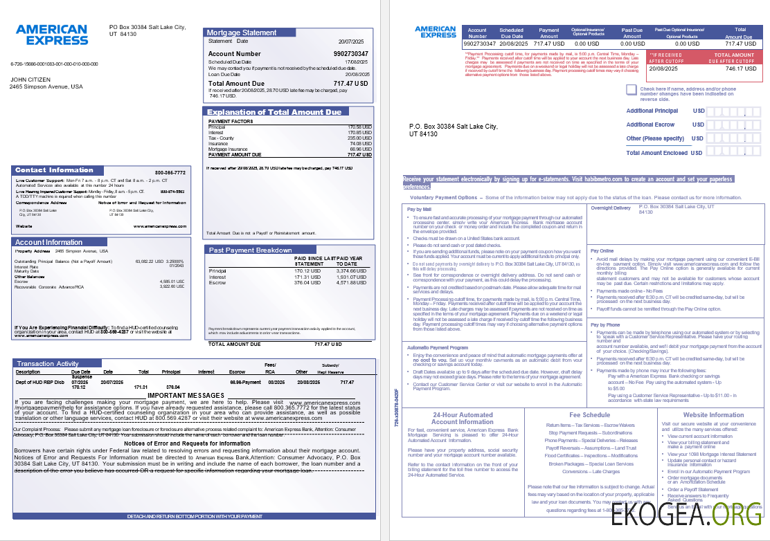 USA Le relevé hypothécaire de la banque American Express aux formats Word et PDF, 3 pages 1 , 2
